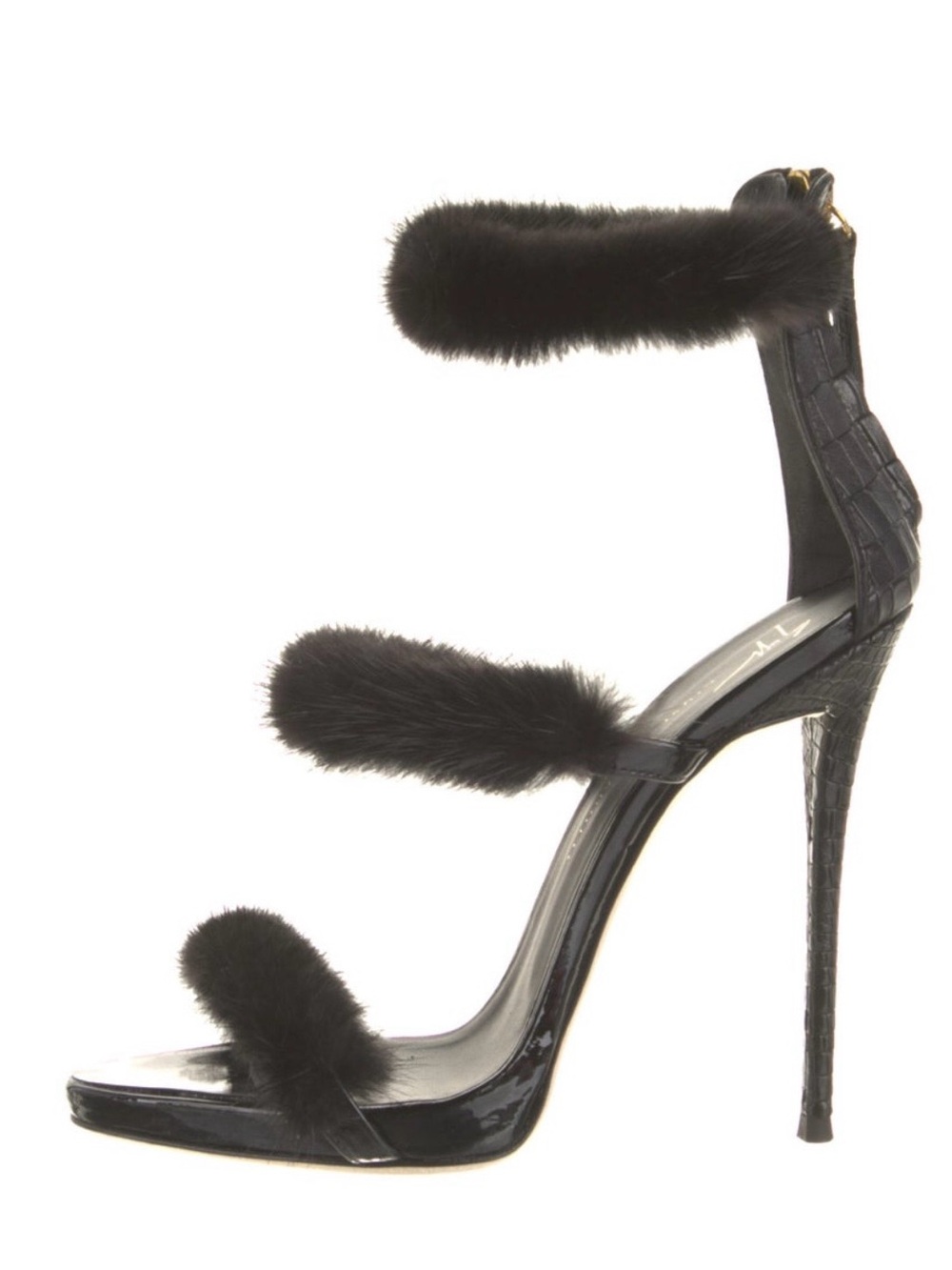 Black mink-Strap Stiletto Sandals with Croc-Texture Heel